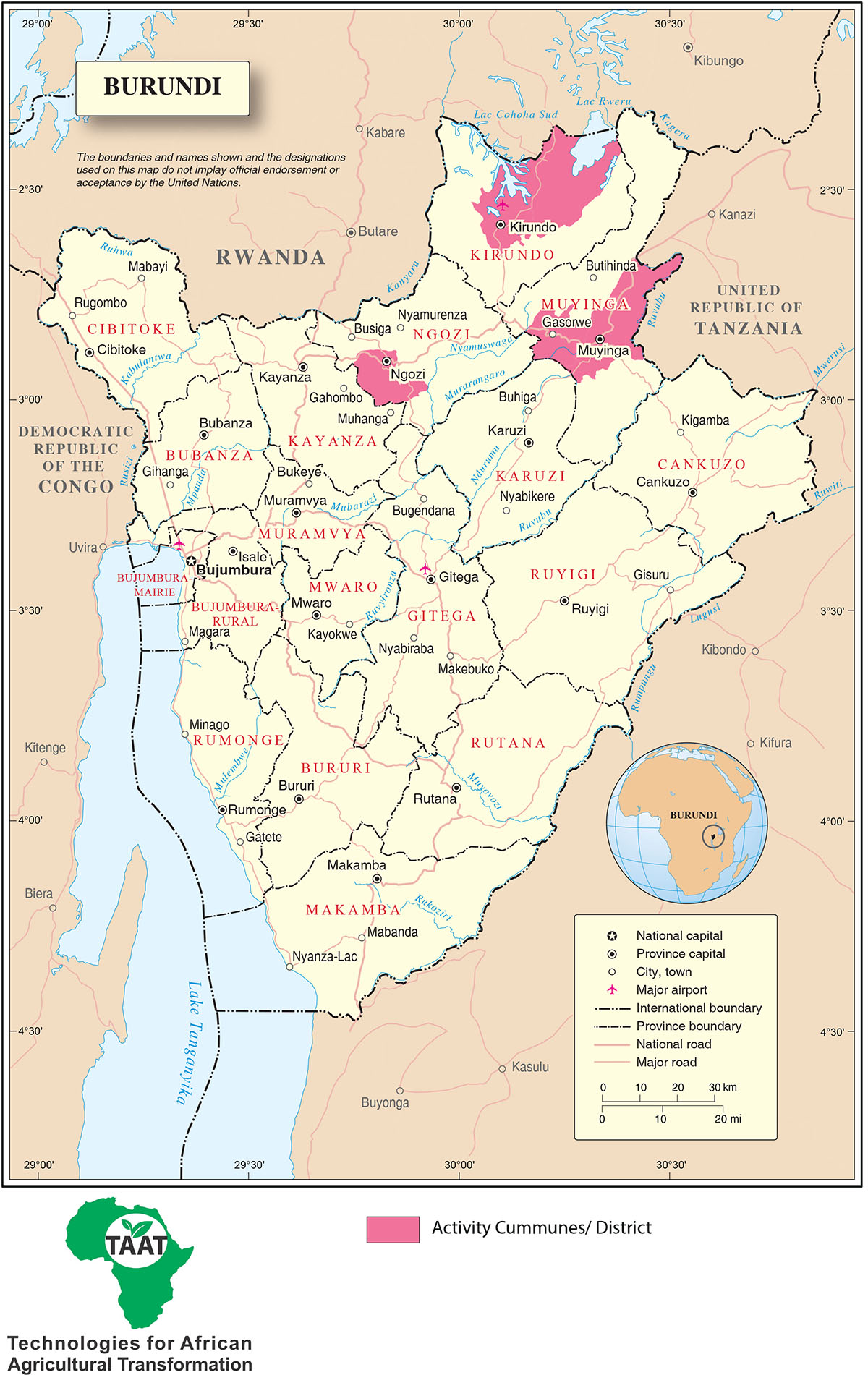 Map of Burundi showing location of OFSP Processors and Consumers