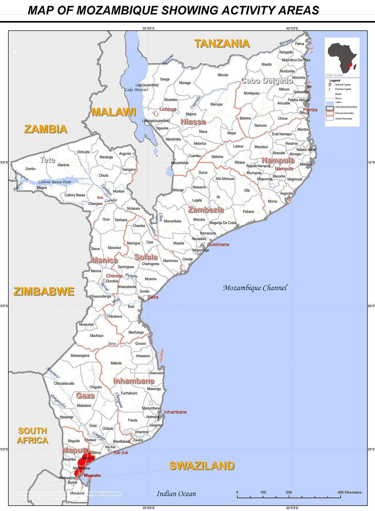 Map of Mozambique showing GPlus test areas