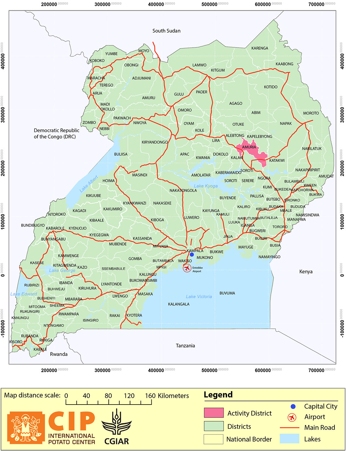 Map of Uganda showing Sweetpotato Adoption survey locations