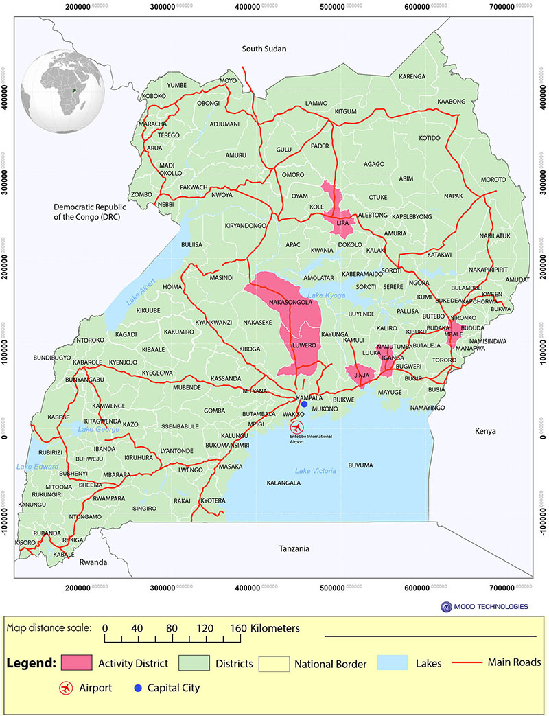 Map of Uganda showing RA Pure Innovators Locations